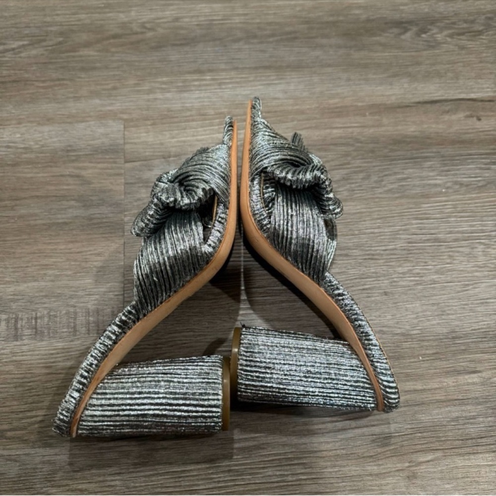 Loeffler Randall Penny Dark Silver Pleated Bow Fabric Sandal Heel Mules - Picture 8 of 9